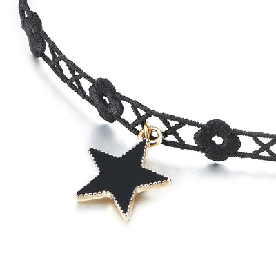 COOLSTEELANDBEYOND Ladies Black Tattoo Choker Necklace with Gold Black Star Charm Pendant