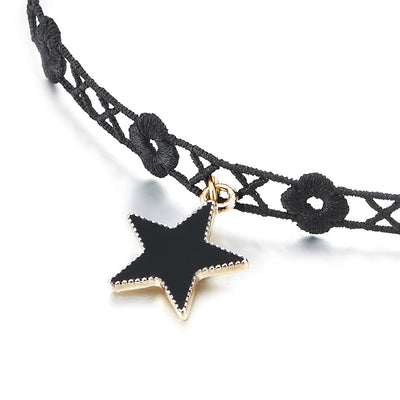 COOLSTEELANDBEYOND Ladies Black Choker Tattoo Necklace with Gold Black Star Charm Pendant