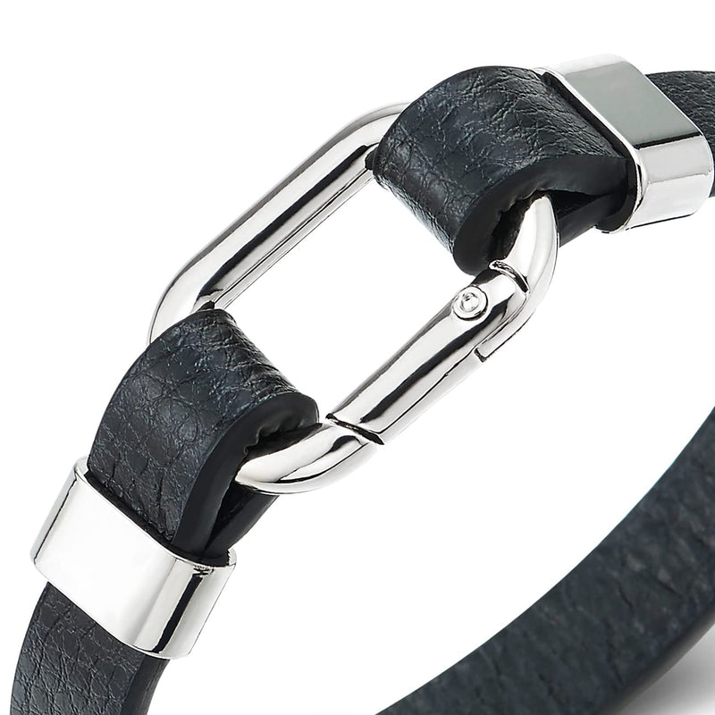 COOLSTEELANDBEYOND Square Oval Link Clasp Black Leather Bracelet Men Women, Bangle Wristband - COOLSTEELANDBEYOND Jewelry