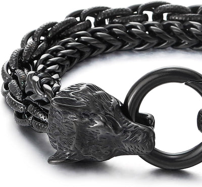 COOLSTEELANDBEYOND Biker Viking Black Wolf Heads Bracelet Mens Steel Double Curb Chain Braided Rope Chain Bracelet