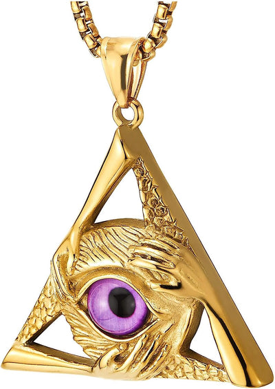 COOLSTEELANDBEYOND Purple Evil Eye Triangle Pendant Necklace Protection Hands Gold Color Steel, Men Women, Wheat Chain - COOLSTEELANDBEYOND Jewelry
