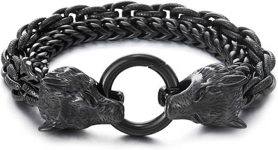 COOLSTEELANDBEYOND Biker Viking Black Wolf Heads Bracelet Mens Steel Double Curb Chain Braided Rope Chain Bracelet