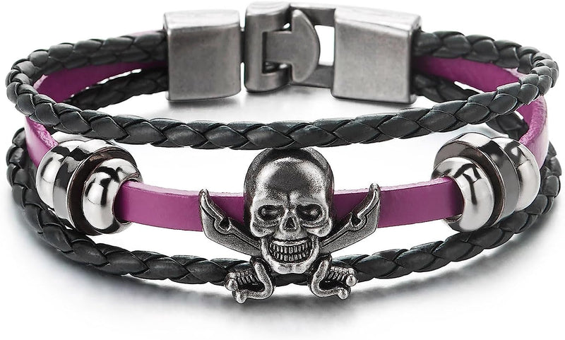 COOLSTEELANDBEYOND Black Purple Braided Leather Bracelet Sword Pirate Skull Mens Women Multi-Strand Leather Wristband - COOLSTEELANDBEYOND Jewelry