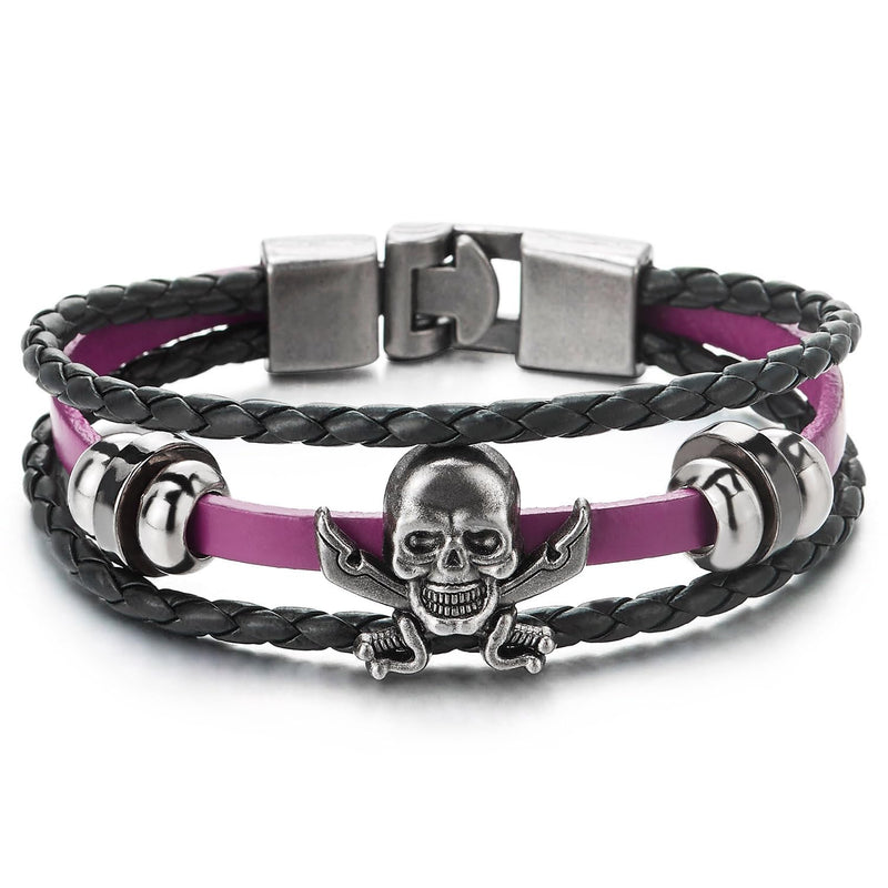 COOLSTEELANDBEYOND Black Purple Braided Leather Bracelet Sword Pirate Skull Mens Women Multi-Strand Leather Wristband - COOLSTEELANDBEYOND Jewelry