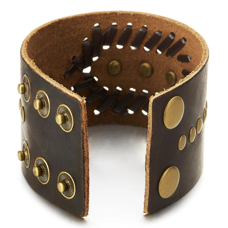 COOLSTEELANDBEYOND Punk Bracelet, Wide Brown Leather Bangle Bracelet with Skulls and Rivets, Men Women Gothic Rock - COOLSTEELANDBEYOND Jewelry