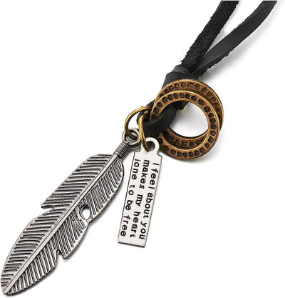 COOLSTEELANDBEYOND Aged Silver Feather Pendant with Adjustable Black Leather Cord Retro Style Necklace Unisex Men Women - COOLSTEELANDBEYOND Jewelry