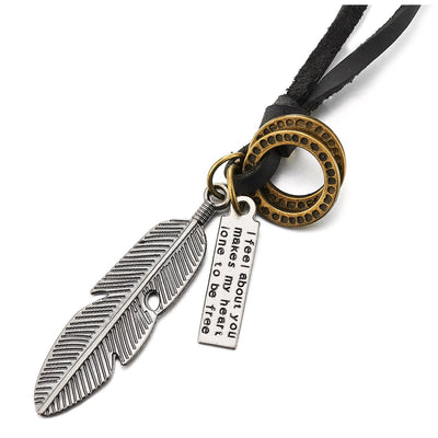 COOLSTEELANDBEYOND Aged Silver Feather Pendant with Adjustable Black Leather Cord Retro Style Necklace Unisex Men Women - COOLSTEELANDBEYOND Jewelry