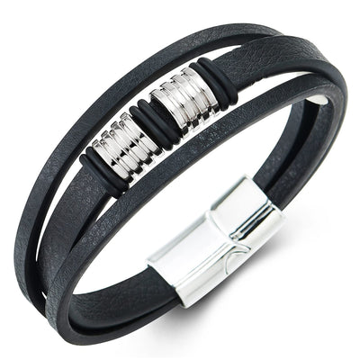 COOLSTEELANDBEYOND Three-strand Leather Bracelet for Men Women Black Genuine Leather Bangle with Grooved Metal Charms - COOLSTEELANDBEYOND Jewelry
