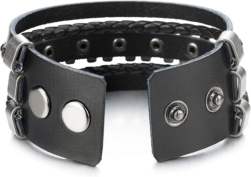 COOLSTEELANDBEYOND Rock Punk, Mens Black Leather Wristband Bracelet Cross Charm, Leather Wristband Bangle, Wrap Bracelet