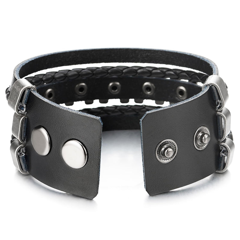 COOLSTEELANDBEYOND Rock Punk, Mens Black Leather Wristband Bracelet Cross Charm, Leather Wristband Bangle, Wrap Bracelet