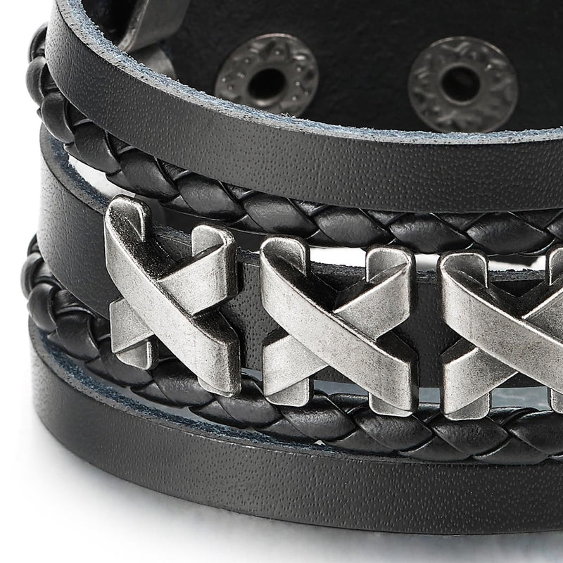 COOLSTEELANDBEYOND Rock Punk, Mens Black Leather Wristband Bracelet Cross Charm, Leather Wristband Bangle, Wrap Bracelet