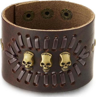 COOLSTEELANDBEYOND Punk Bracelet, Wide Brown Leather Bangle Bracelet with Skulls and Rivets, Men Women Gothic Rock - COOLSTEELANDBEYOND Jewelry