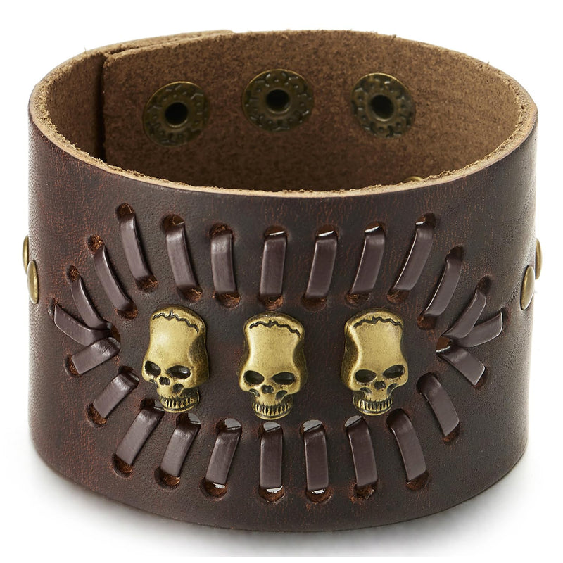 COOLSTEELANDBEYOND Punk Bracelet, Wide Brown Leather Bangle Bracelet with Skulls and Rivets, Men Women Gothic Rock - COOLSTEELANDBEYOND Jewelry