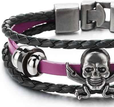 COOLSTEELANDBEYOND Black Purple Braided Leather Bracelet Sword Pirate Skull Mens Women Multi-Strand Leather Wristband - COOLSTEELANDBEYOND Jewelry