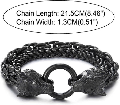 COOLSTEELANDBEYOND Biker Viking Black Wolf Heads Bracelet Mens Steel Double Curb Chain Braided Rope Chain Bracelet