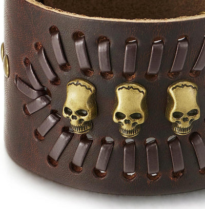 COOLSTEELANDBEYOND Punk Bracelet, Wide Brown Leather Bangle Bracelet with Skulls and Rivets, Men Women Gothic Rock - COOLSTEELANDBEYOND Jewelry