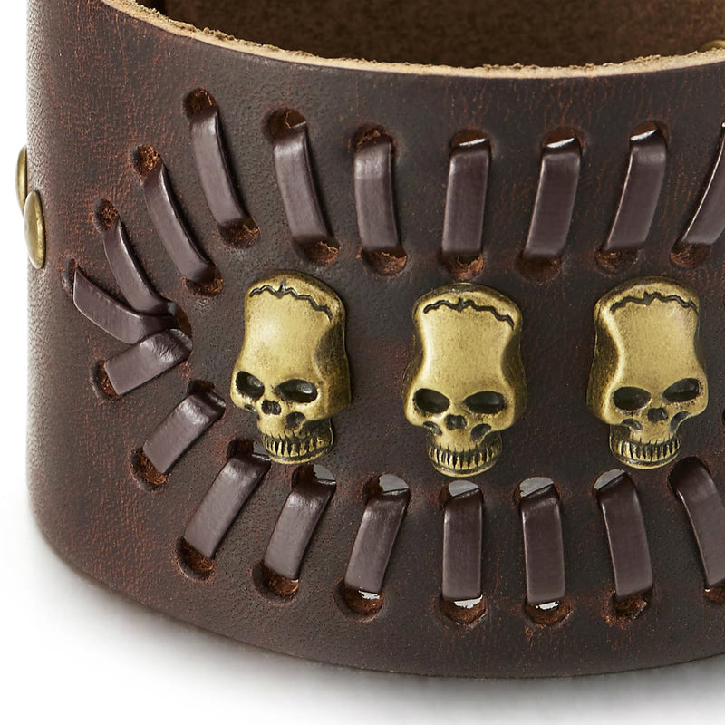 COOLSTEELANDBEYOND Punk Bracelet, Wide Brown Leather Bangle Bracelet with Skulls and Rivets, Men Women Gothic Rock - COOLSTEELANDBEYOND Jewelry