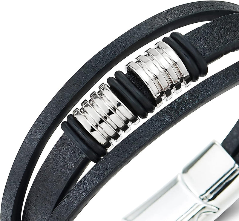 COOLSTEELANDBEYOND Three-strand Leather Bracelet for Men Women Black Genuine Leather Bangle with Grooved Metal Charms - COOLSTEELANDBEYOND Jewelry