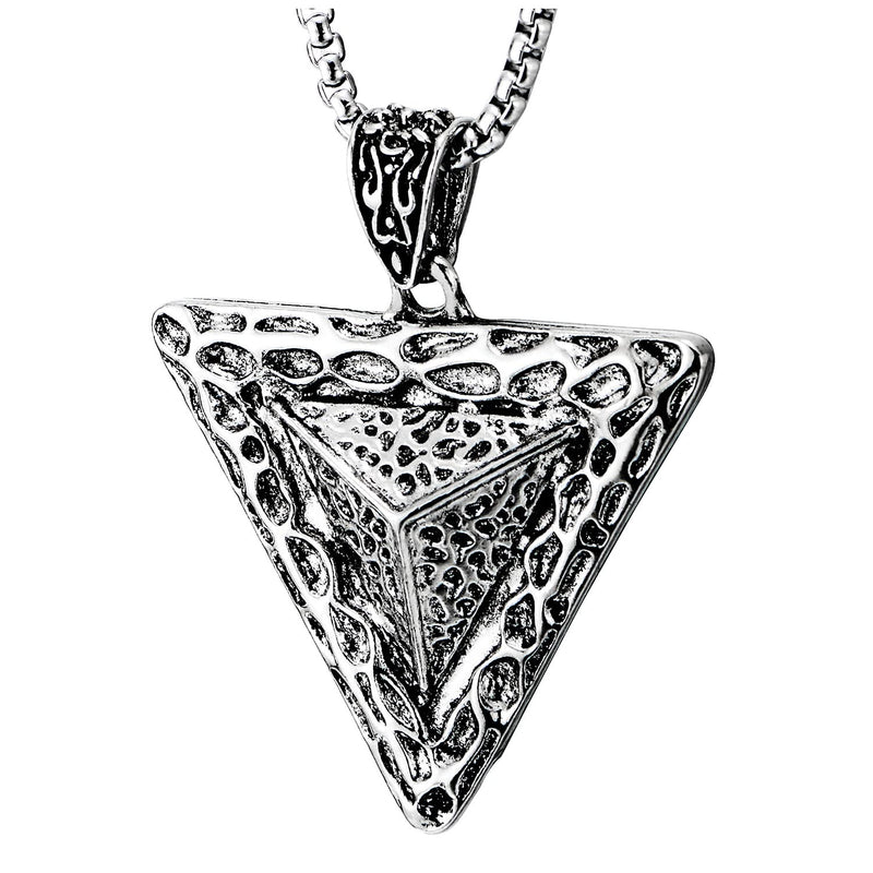 COOLSTEELANDBEYOND Vintage Pyramid Necklace for Men and Women, Triangle Pendant, Geometric Raised Concave Dotted Texture