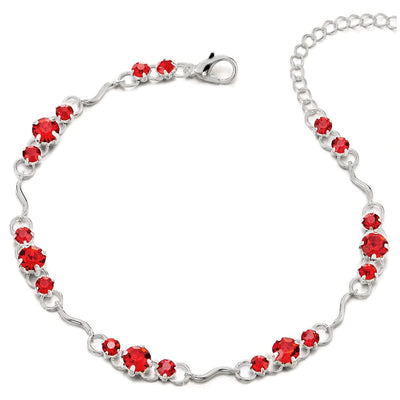 Adjustable Link Chain Anklet Bracelet with Charms of Red Solitaire Cubic Zirconia Sparkling