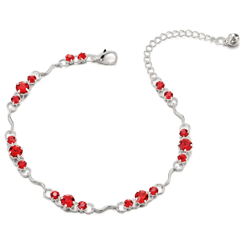 Adjustable Link Chain Anklet Bracelet with Charms of Red Solitaire Cubic Zirconia Sparkling
