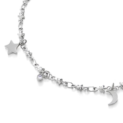 COOLSTEELANDBEYOND Anklet Bracelet in Stainless Steel with Dangling Charms of Stars, Crescent Moons and Cubic Zirconia - COOLSTEELANDBEYOND Jewelry
