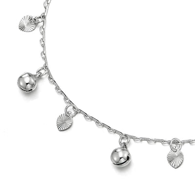 COOLSTEELANDBEYOND Beautiful Link Chain Anklet Bracelet with Dangling Grooved Hearts and Jingle Bells, Adjustable - COOLSTEELANDBEYOND Jewelry