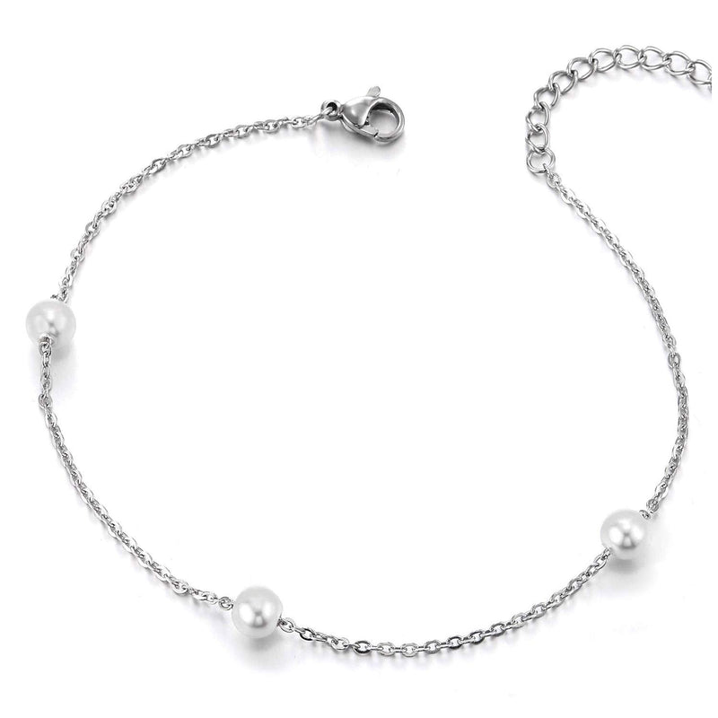 COOLSTEELANDBEYOND Elegant Stainless Steel Link Chain Anklet Bracelet with Charms of Pearls, Adjustable - COOLSTEELANDBEYOND Jewelry