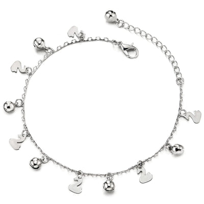 Link Chain Anklet Bracelet with Dangling Charms of Swan and Jingle Bell, Adjustable