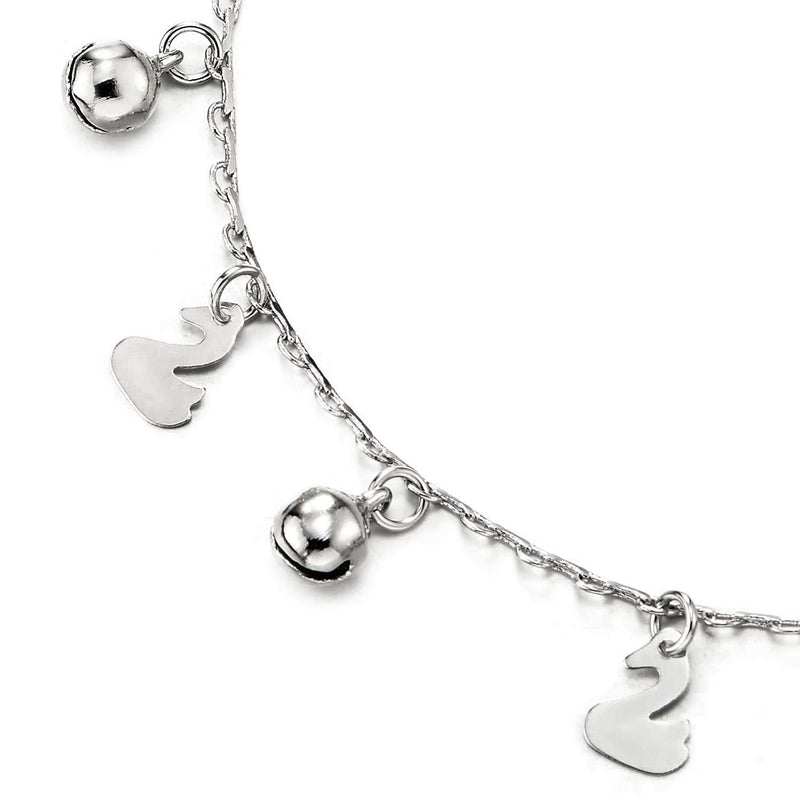 Link Chain Anklet Bracelet with Dangling Charms of Swan and Jingle Bell, Adjustable