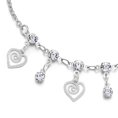 COOLSTEELANDBEYOND Link Chain Anklet Bracelet with Dangling Charms of Swirl Hearts, Cubic Zirconia and Jingle Bell - COOLSTEELANDBEYOND Jewelry