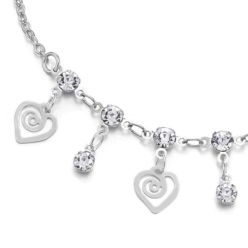 COOLSTEELANDBEYOND Link Chain Anklet Bracelet with Dangling Charms of Swirl Hearts, Cubic Zirconia and Jingle Bell - COOLSTEELANDBEYOND Jewelry