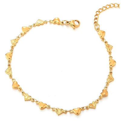 COOLSTEELANDBEYOND Lovely, Stainless Steel Gold Color Grooved Hearts Puff Hearts Link Chain Anklet Bracelet Adjustable - COOLSTEELANDBEYOND Jewelry