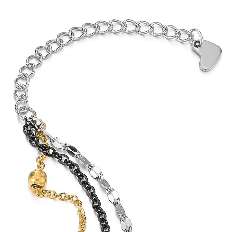 COOLSTEELANDBEYOND Silver Gold Black Stainless Steel Three-Row Anklet Bracelet with Charms of Beads - COOLSTEELANDBEYOND Jewelry