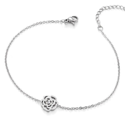 COOLSTEELANDBEYOND Stainless Steel Anklet Bracelet with Charm of Rose Flower and Cubic Zirconia, Adjustable - COOLSTEELANDBEYOND Jewelry