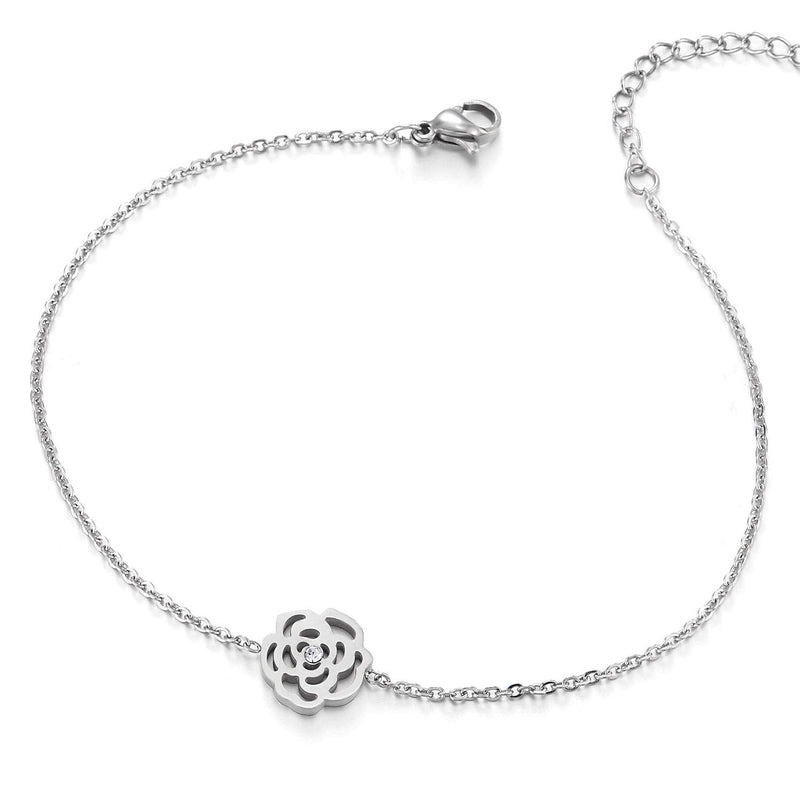 COOLSTEELANDBEYOND Stainless Steel Anklet Bracelet with Charm of Rose Flower and Cubic Zirconia, Adjustable - COOLSTEELANDBEYOND Jewelry