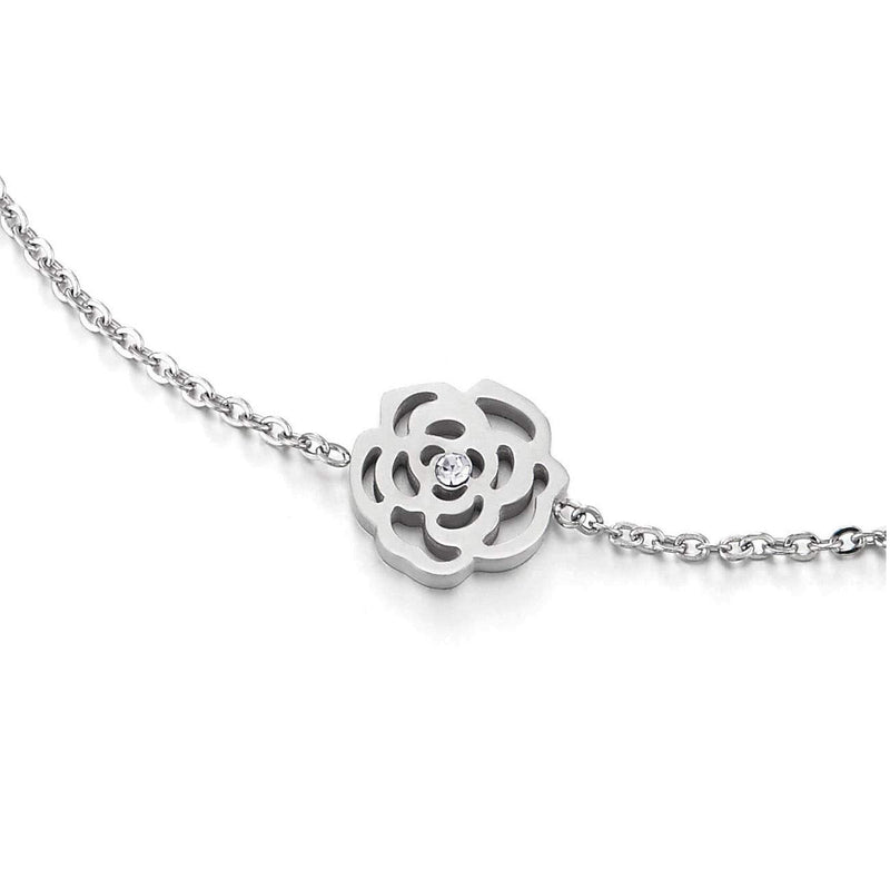 COOLSTEELANDBEYOND Stainless Steel Anklet Bracelet with Charm of Rose Flower and Cubic Zirconia, Adjustable - COOLSTEELANDBEYOND Jewelry