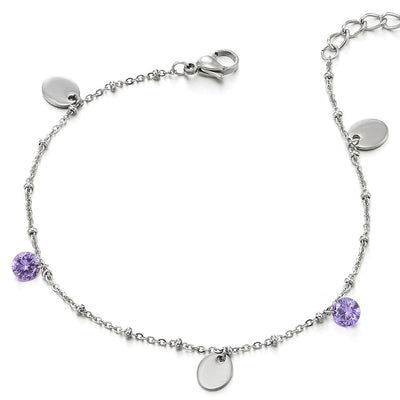 COOLSTEELANDBEYOND Stainless Steel Anklet Bracelet with Charms of Purple Cubic Zirconia and Oval - COOLSTEELANDBEYOND Jewelry
