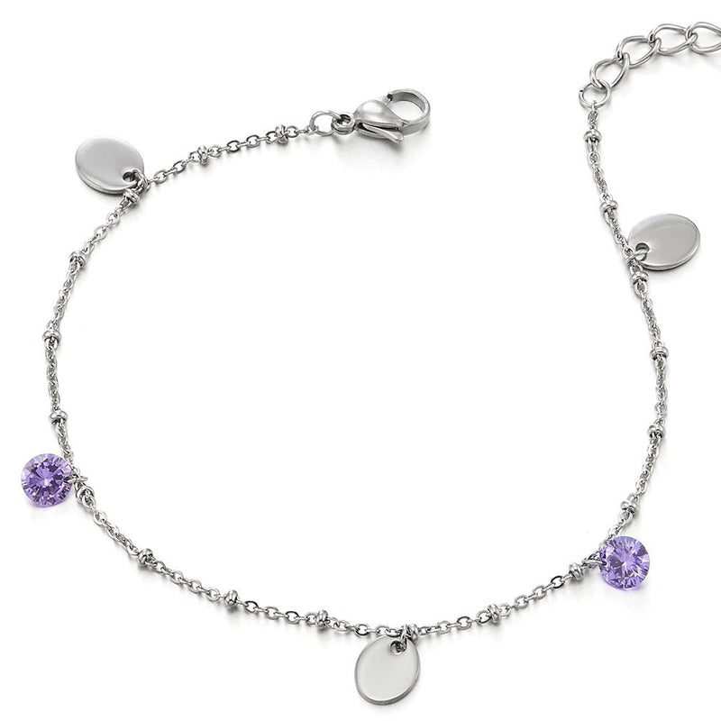 COOLSTEELANDBEYOND Stainless Steel Anklet Bracelet with Charms of Purple Cubic Zirconia and Oval - COOLSTEELANDBEYOND Jewelry
