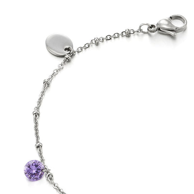 COOLSTEELANDBEYOND Stainless Steel Anklet Bracelet with Charms of Purple Cubic Zirconia and Oval - COOLSTEELANDBEYOND Jewelry