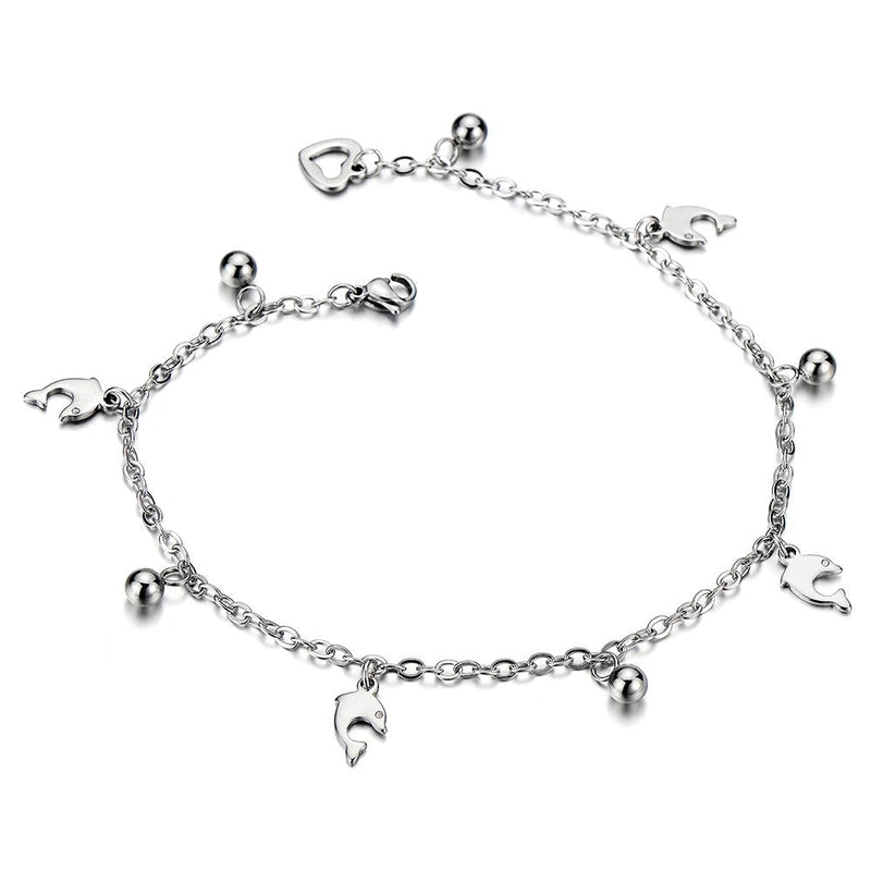 COOLSTEELANDBEYOND Stainless Steel Anklet Bracelet with Dangling Charms of Dolphins and Beads - COOLSTEELANDBEYOND Jewelry