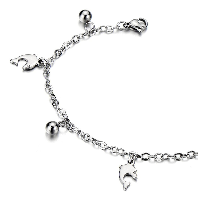 COOLSTEELANDBEYOND Stainless Steel Anklet Bracelet with Dangling Charms of Dolphins and Beads - COOLSTEELANDBEYOND Jewelry