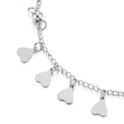 COOLSTEELANDBEYOND Stainless Steel Anklet Bracelet with Dangling Charms of Hearts - COOLSTEELANDBEYOND Jewelry