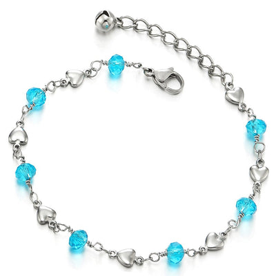 COOLSTEELANDBEYOND Stainless Steel Anklet Bracelet with Hearts and Blue Acrylic Crystal Beads - COOLSTEELANDBEYOND Jewelry