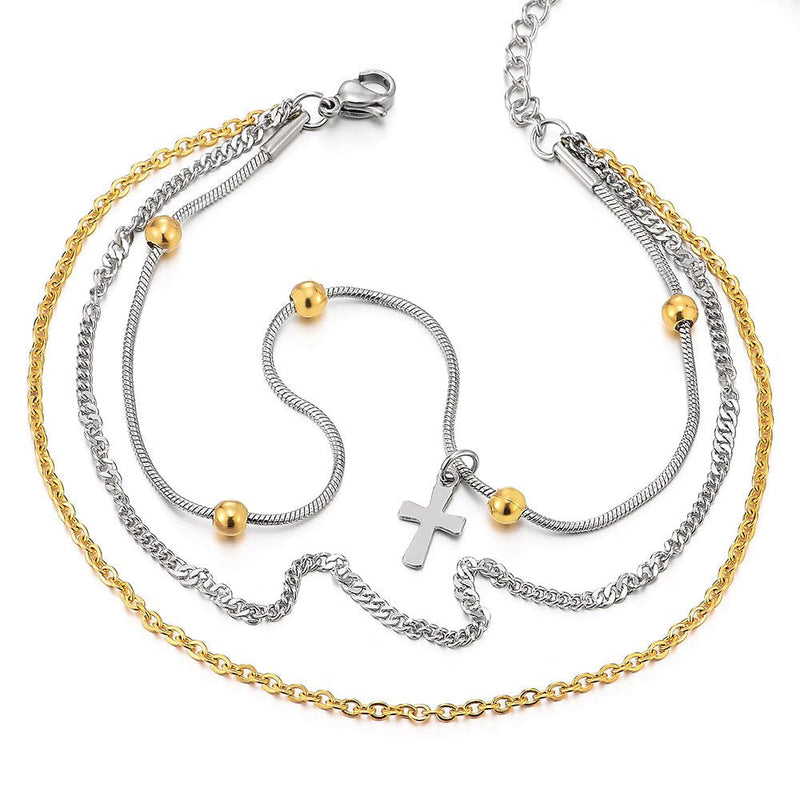 COOLSTEELANDBEYOND Stainless Steel Gold Silver Double Chain Anklet Bracelet with Beads and Dangling Charms of Cross - COOLSTEELANDBEYOND Jewelry