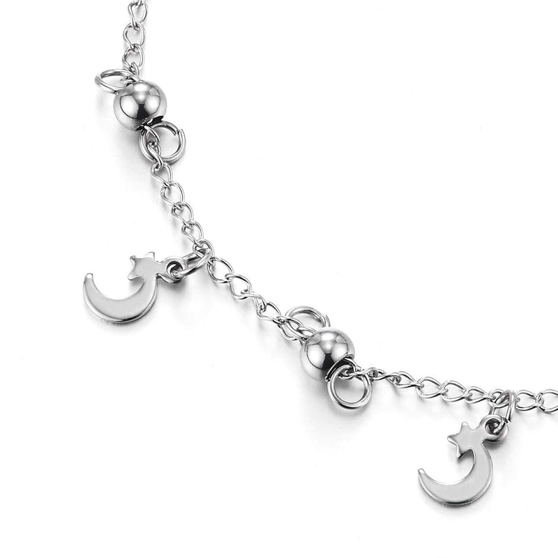 COOLSTEELANDBEYOND Stainless Steel Link Chain Anklet Bracelet with Balls and Dangling Charms of Crescent Moons Stars - COOLSTEELANDBEYOND Jewelry