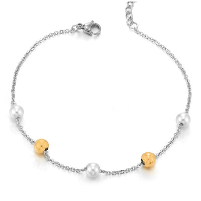 COOLSTEELANDBEYOND Stainless Steel Link Chain Anklet Bracelet with Charms of Pearls and Gold Color Beads, Adjustable - COOLSTEELANDBEYOND Jewelry