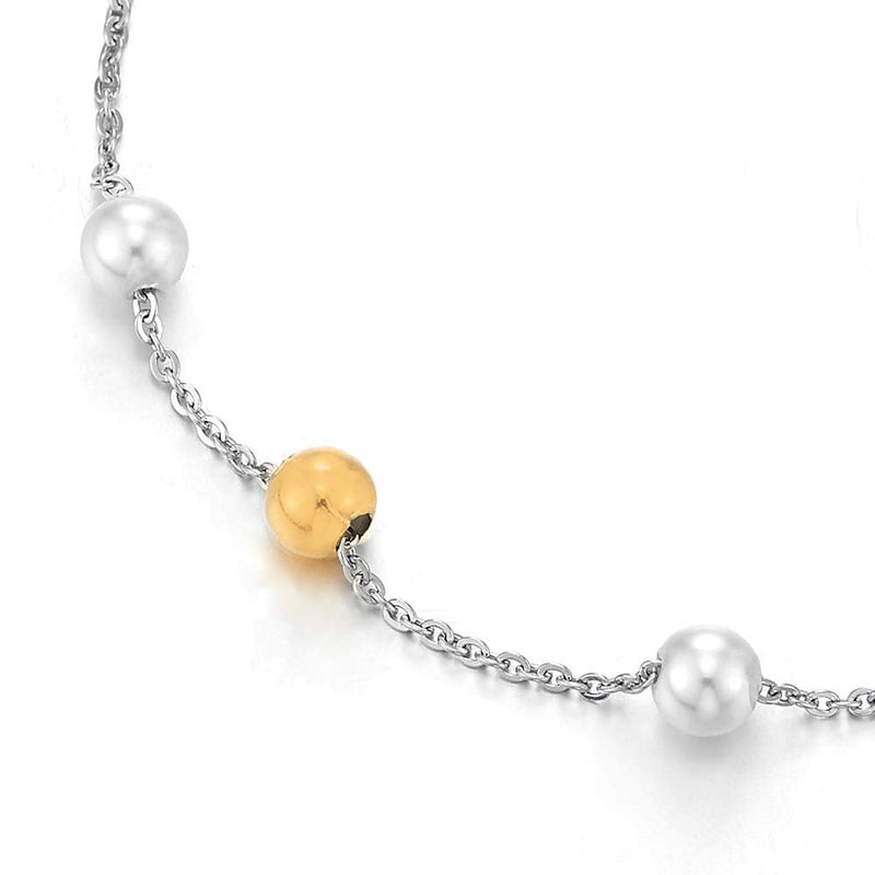 COOLSTEELANDBEYOND Stainless Steel Link Chain Anklet Bracelet with Charms of Pearls and Gold Color Beads, Adjustable - COOLSTEELANDBEYOND Jewelry