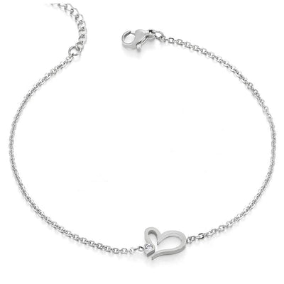 COOLSTEELANDBEYOND Stainless Steel Link Chain Anklet Bracelet with Open Heart Charm and Cubic Zirconia, Adjustable - COOLSTEELANDBEYOND Jewelry
