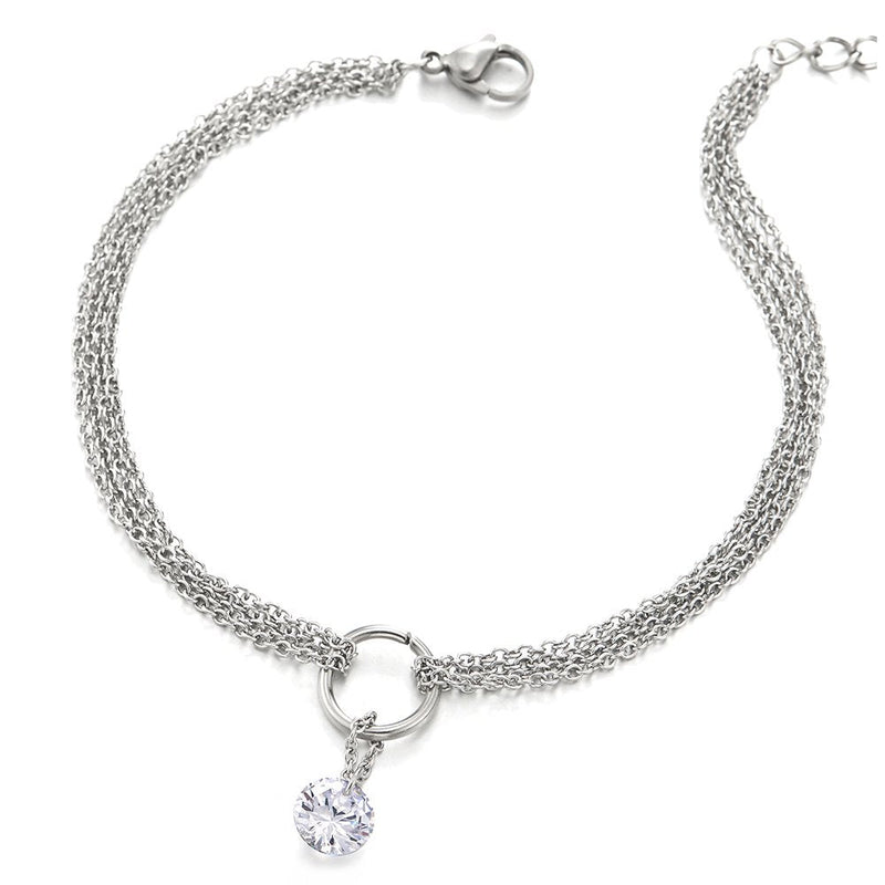 COOLSTEELANDBEYOND Stainless Steel Multi-Strand Anklet Bracelet Dangling Charms Cubic Zirconia 8mm Jingle Bell - COOLSTEELANDBEYOND Jewelry